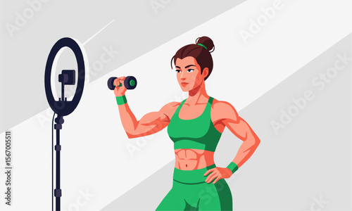 "fitness influencer recording workout on ring light, flat design, modern style"generative ai
