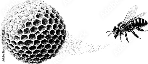 Vintage bee and beehive sketch with dotted pollen trail for design and decoration