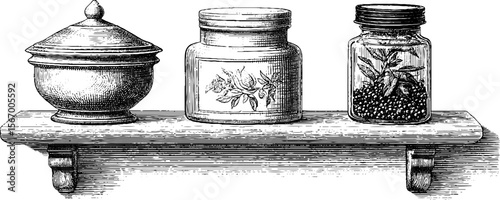 Vintage engraved set of canisters and jars with labels on wooden shelf for retro design