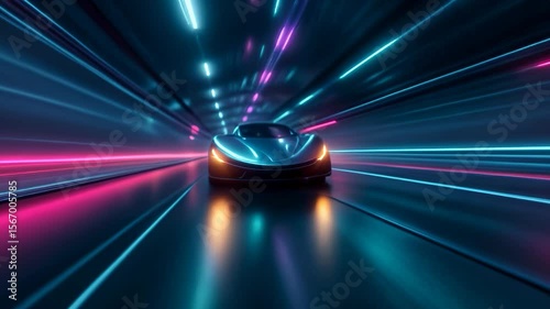 A sleek supercar racing along illuminated roads after dark