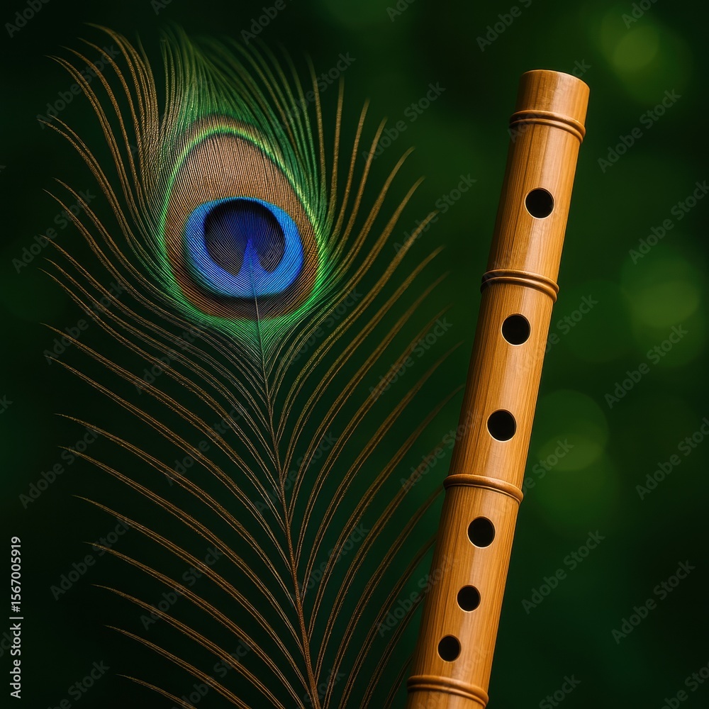 Fototapeta premium Janmashtami poster design with peacock feather and krishna flute.