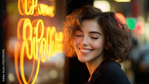 Radiant brunette with closed eyes, bathed in the soft, orange glow of a nearby cafe's neon sign, her joyful smile reflecting the city's vibrant warmth
