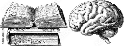 Vintage open book and brain illustration with dotwork spark idea concept