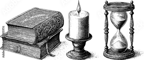 Vintage hand drawn book, candle, and hourglass illustration for retro design