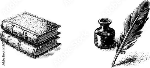Vintage book and quill with ink bottle hand drawn dotwork tattoo design