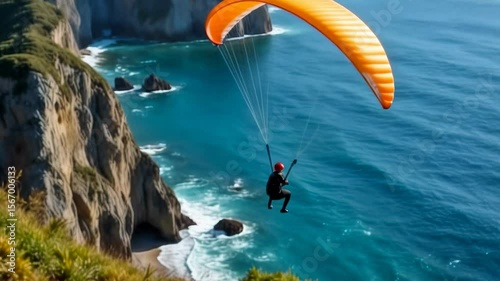 Soaring over cliffs with colorful paraglider near stunning coastline at sunrise