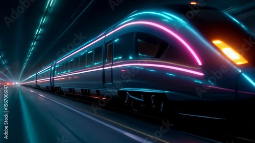 Futuristic high-speed train navigating through a neon-lit tunnel at night