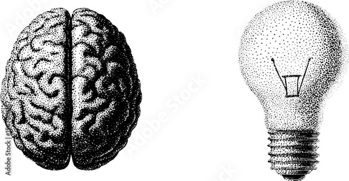 Vintage dotwork illustration of brain, light bulb, and cogwheel for creative design