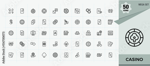 Casino icon set in linear style. Pictograms of card, gamble, poker, gambling, ace, jackpot, dice and more. Jackpot icon set. Minimalist editable vector stroke. Signs for web and mobile app.