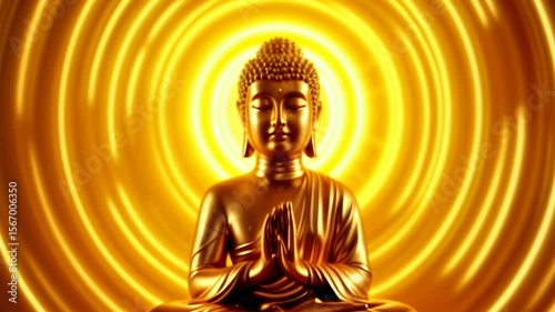 Golden Buddha statue surrounded by radiant light symbolizes peace and tranquility