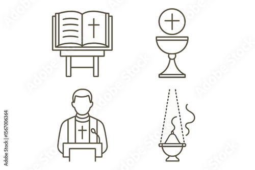 Christian symbols — bible, chalice, priest, incense vector icon isolated illustration