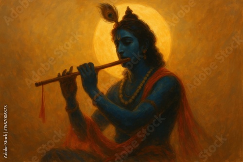Janmashtami poster illustration with krishna playing flute.