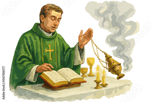 Caucasian male priest conducting mass with incense and bible vector icon isolated illustration