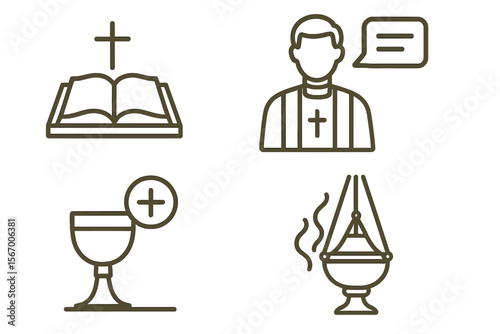 Religious symbols: bible, priest, chalice, and incense vector icon isolated illustration