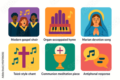 Christian music elements: gospel choir, organ hymn, marian devotion, taizé chant, communion, antiphonal response vector icon isolated illustration