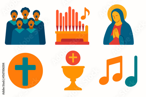 Religious icons and choir elements including cross, organ, and praying figure vector icon isolated illustration