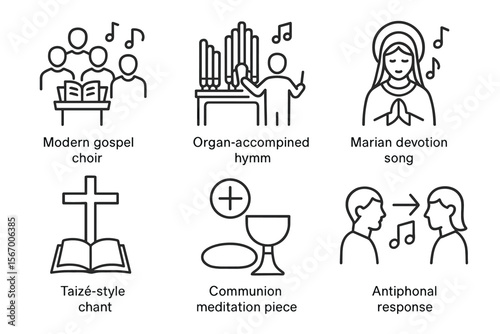Religious music icons - choir, organ hymn, devotion song, chant, communion, antiphonal vector icon isolated illustration