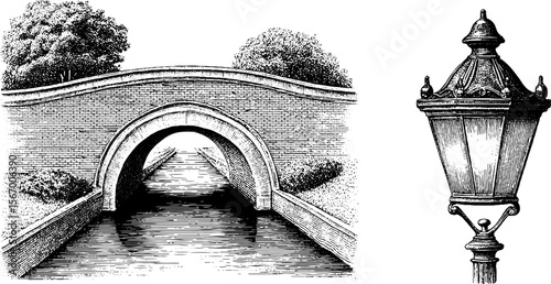 Vintage bridge arch and street lamp sketch for retro design