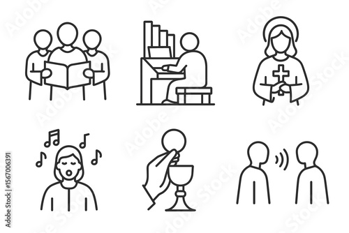 Choir singers, organ player, communion and worship symbols in line art vector icon isolated illustration