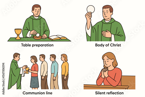 Catholic mass illustrations with communion rituals and worship scenes vector icon isolated illustration