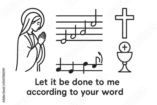 Religious symbols with musical notes and text vector icon isolated illustration