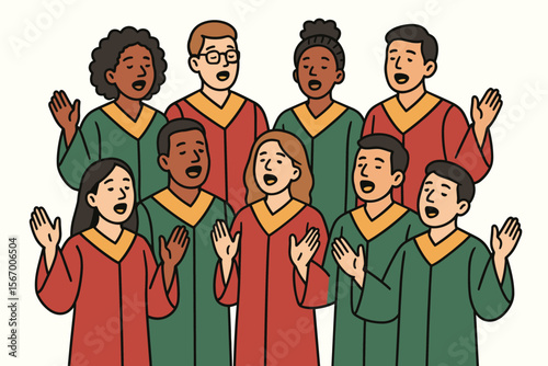 Diverse choir group singing together in red and green robes vector icon isolated illustration