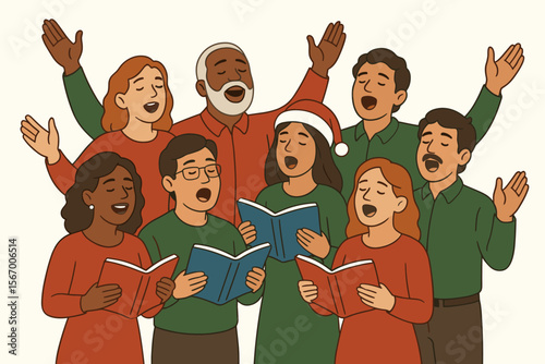 Diverse group singing christmas carols together vector icon isolated illustration