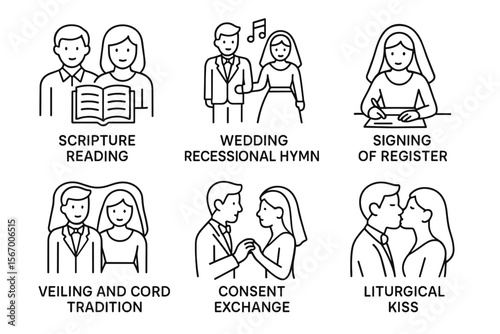 Marriage ceremony illustration: hymn, scripture, vows, register signing, cord tradition vector icon isolated illustration