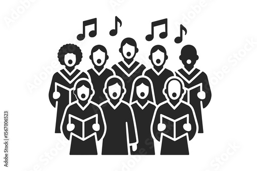 Choir of diverse singers icon with musical notes vector icon isolated illustration