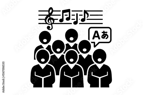 Black and white choir singing icon with musical notes and asian language symbol vector icon isolated illustration