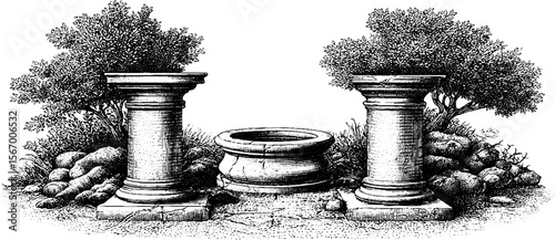 Vintage engraving of broken pillars and overgrown courtyard for retro design