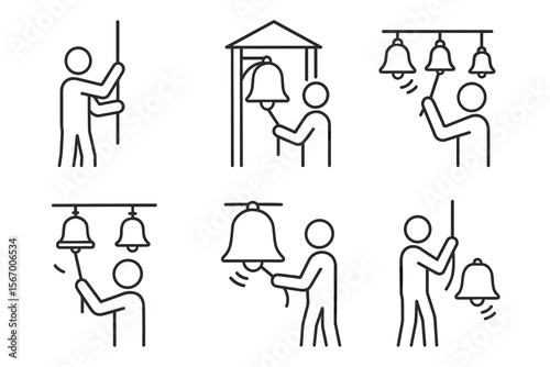 Simple stick figure icons of people ringing bells vector icon isolated illustration