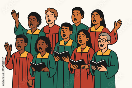 Diverse choir singing with hymn books - male and female, various backgrounds, adults vector icon isolated illustration