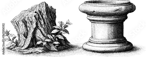 Vintage engraving of broken pillar stump and overgrown courtyard for retro design