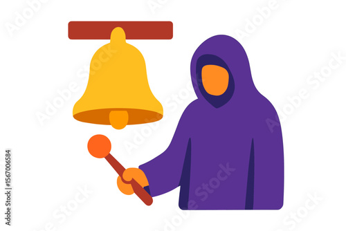 Hooded cloaked figure ringing large bell illustration vector icon isolated illustration