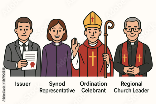 Clergy attire and roles: issuer, synod representative, ordination celebrant, regional church leader vector icon isolated illustration