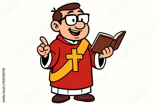 Cartoon priest reading bible with cross on robe vector icon isolated illustration