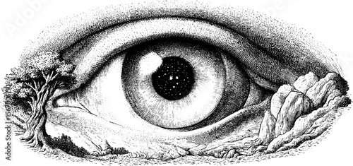 Enigmatic eye of the bushbaby within a tree hollow under a starlit sky