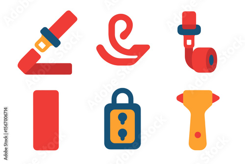 Colorful safety icons set with seatbelt, lock, roller, and toilet paper symbols vector icon isolated illustration