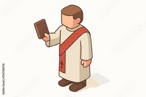 Isometric illustration of cartoon priest holding bible in brown and red vestments vector icon isolated illustration