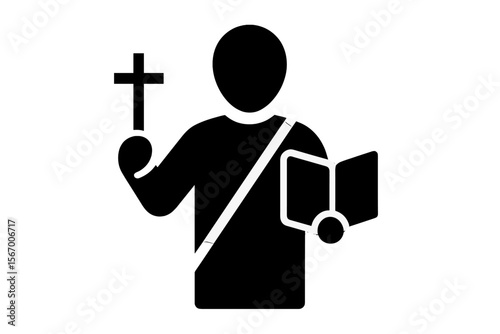 Silhouette of person holding christian cross and holy bible vector icon isolated illustration