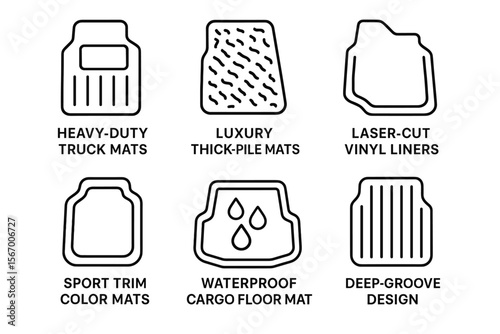 Car floor mats icons set including truck, thick pile, vinyl, sport, waterproof, and groove designs vector icon isolated illustration