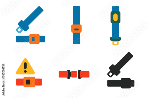Colorful seat belt icons and warning signs for safety awareness vector icon isolated illustration