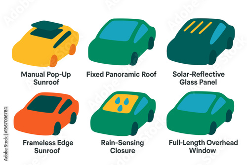 Illustrations of car roof types and features in various colors vector icon isolated illustration