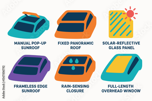 Car roof options icons: manual pop-up, fixed panoramic, solar-reflective, frameless edge, rain-sensing, full-length vector icon isolated illustration