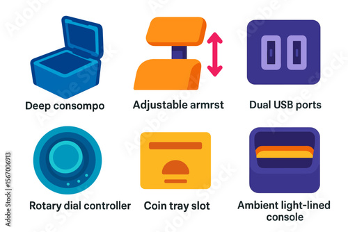 Car interior features: deep console, armrest, usb ports, dial controller, coin tray, light-lined console vector icon isolated illustration