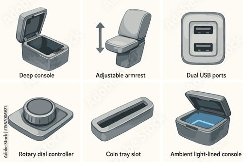 Vehicle interior accessories with console, armrest, usb ports, controller, coin slot, ambient light vector icon isolated illustration