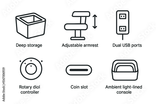 Minimalist icons of storage, armrest, usb ports, diol controller, coin slot, light console vector icon isolated illustration