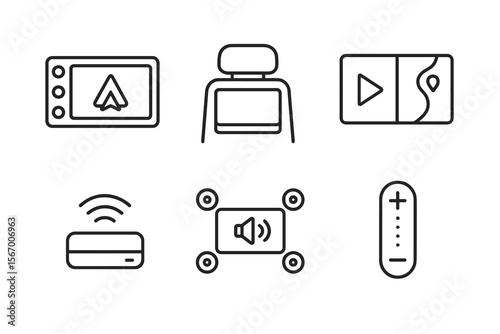 Car infotainment icons set with navigation and audio controls vector icon isolated illustration