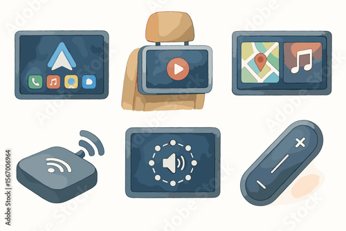 Digital car accessories icon set with navigation and entertainment screens vector icon isolated illustration